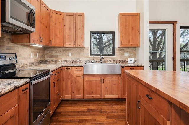 kitchen with tasteful backsplash, a sink, butcher block counters, stainless steel appliances, and dark wood-type flooring