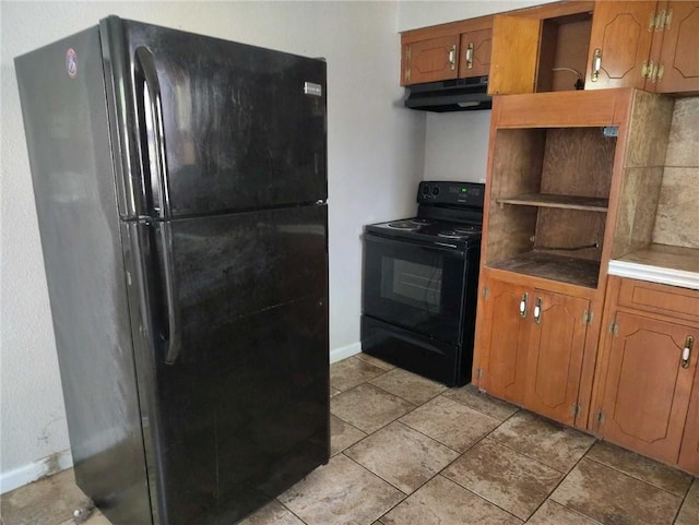 kitchen with brown cabinets, under cabinet range hood, open shelves, baseboards, and black appliances