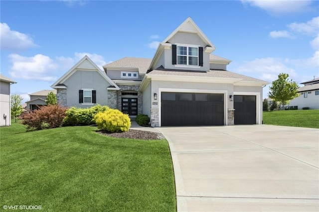 craftsman house with a front lawn, concrete driveway, an attached garage, stone siding, and stucco siding