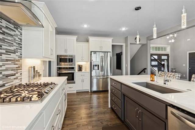 kitchen with a sink, ventilation hood, appliances with stainless steel finishes, and light countertops