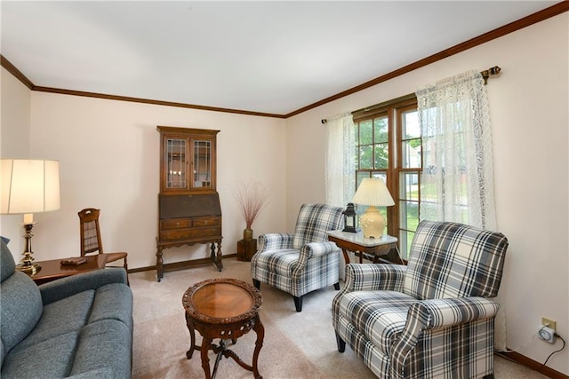 living room with crown molding, light colored carpet, and baseboards