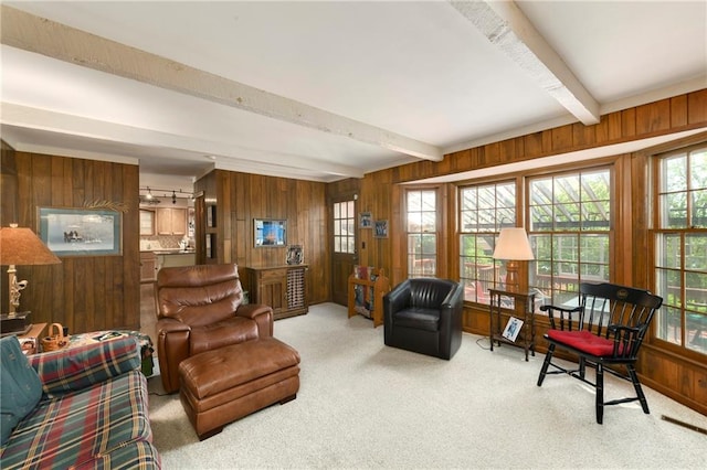 living room with beam ceiling, carpet flooring, and wooden walls