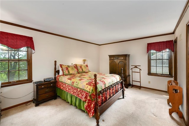 bedroom featuring light colored carpet, multiple windows, baseboards, and crown molding