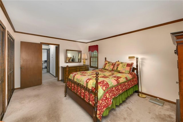 bedroom with light carpet, baseboards, and ornamental molding