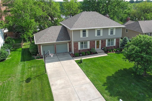 colonial house with brick siding, an attached garage, driveway, and roof with shingles