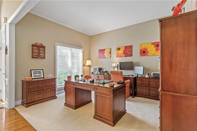 office space featuring crown molding and light wood-type flooring