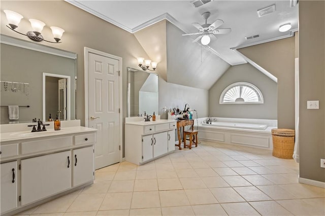 full bath with visible vents, tile patterned flooring, ceiling fan, two vanities, and a sink