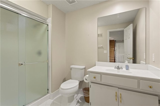 bathroom featuring visible vents, vanity, toilet, and a shower stall