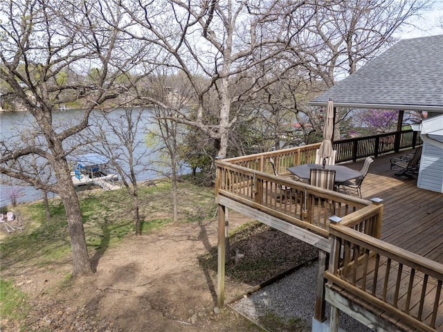 4955 Saratoga Dr, Mclouth, KS 66054 - wooden terrace featuring a water view and outdoor dining space