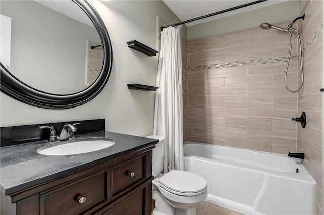 full bath with vanity, tile patterned flooring, shower / bath combination with curtain, and toilet