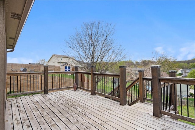 wooden terrace with a fenced backyard