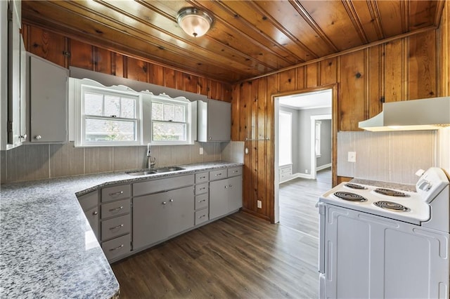 809 S Crysler Ave, Independence, MO 64052 - kitchen with white electric range, a sink, wooden ceiling, wood walls, and gray cabinetry