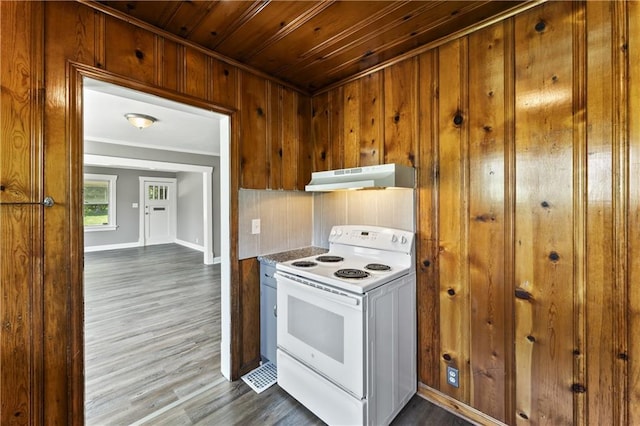 809 S Crysler Ave, Independence, MO 64052 - kitchen with white electric range oven, under cabinet range hood, dark wood-type flooring, baseboards, and wooden walls