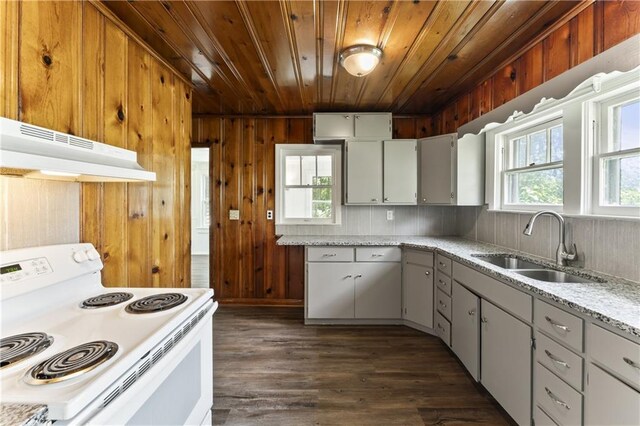 809 S Crysler Ave, Independence, MO 64052 - kitchen featuring white electric range, under cabinet range hood, wood ceiling, a sink, and dark wood-type flooring