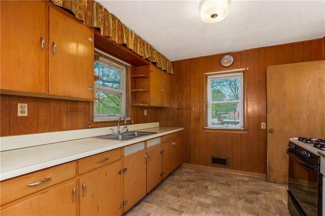 kitchen with a sink, plenty of natural light, range with gas stovetop, and visible vents