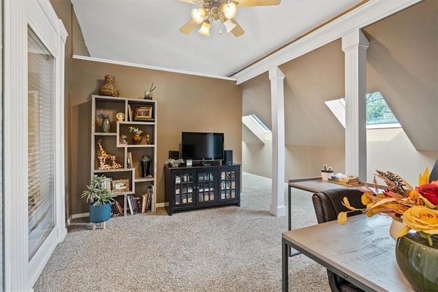 12848 S Rene St, Olathe, KS 66062 - interior space featuring ornamental molding, a ceiling fan, decorative columns, and carpet flooring