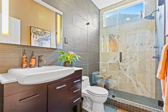12848 S Rene St, Olathe, KS 66062 - bathroom featuring vanity, a shower stall, toilet, and tile walls