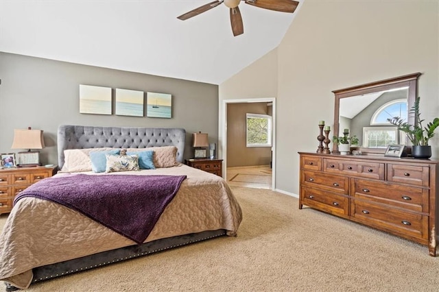 12848 S Rene St, Olathe, KS 66062 - bedroom with baseboards, ceiling fan, high vaulted ceiling, and light colored carpet