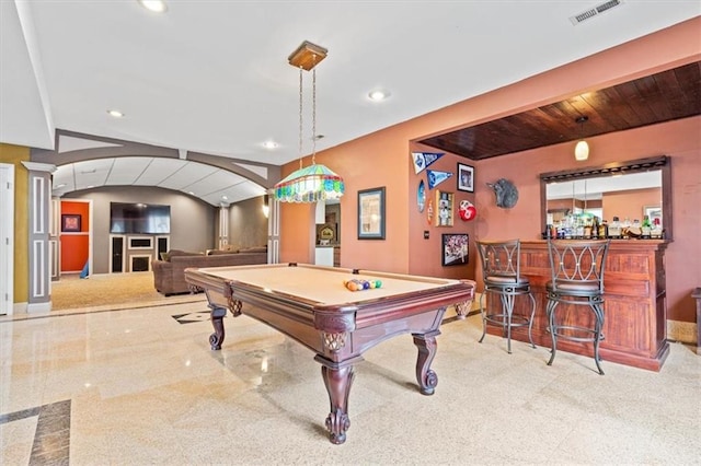 12848 S Rene St, Olathe, KS 66062 - playroom with a dry bar, arched walkways, decorative columns, billiards, and visible vents
