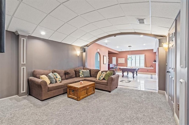 12848 S Rene St, Olathe, KS 66062 - living room with pool table, carpet, arched walkways, and visible vents