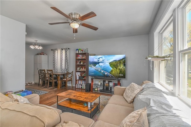 living area with ceiling fan with notable chandelier and wood finished floors