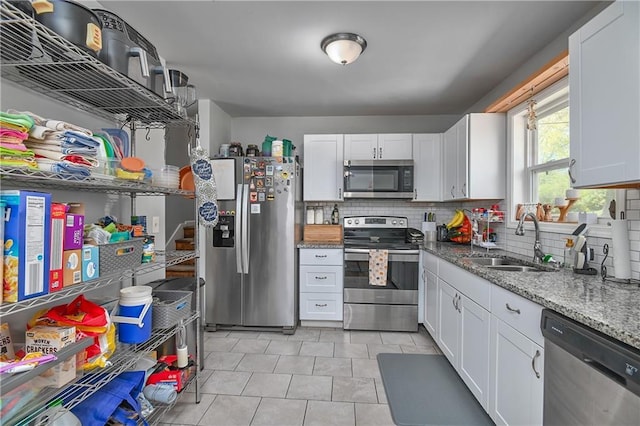 kitchen with white cabinets, stainless steel appliances, a sink, and backsplash