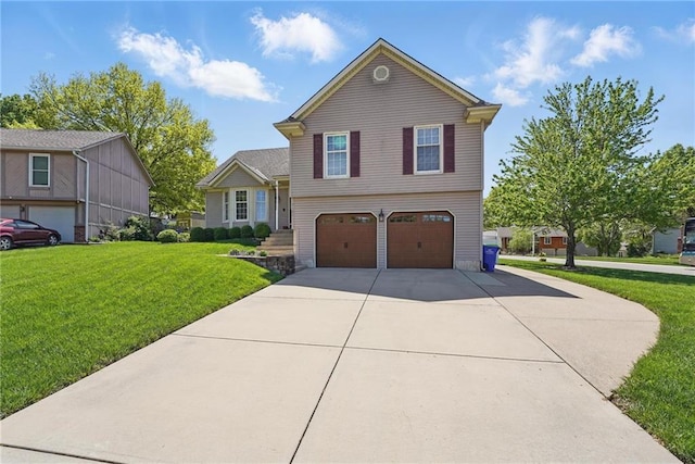 view of front of house with a garage, a front lawn, and concrete driveway