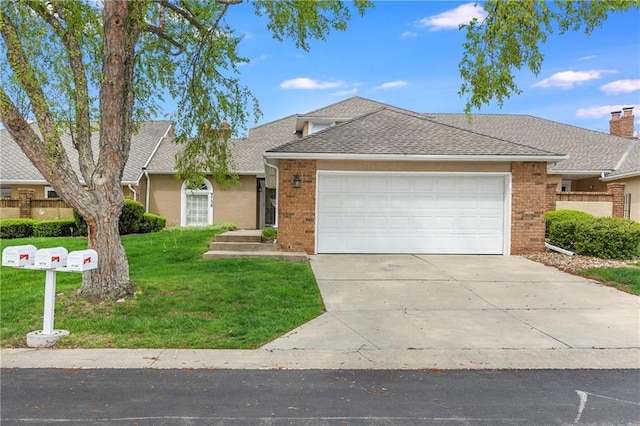 9738 Nieman Pl, Overland Park, KS 66214 - ranch-style home featuring concrete driveway, brick siding, an attached garage, and a front lawn