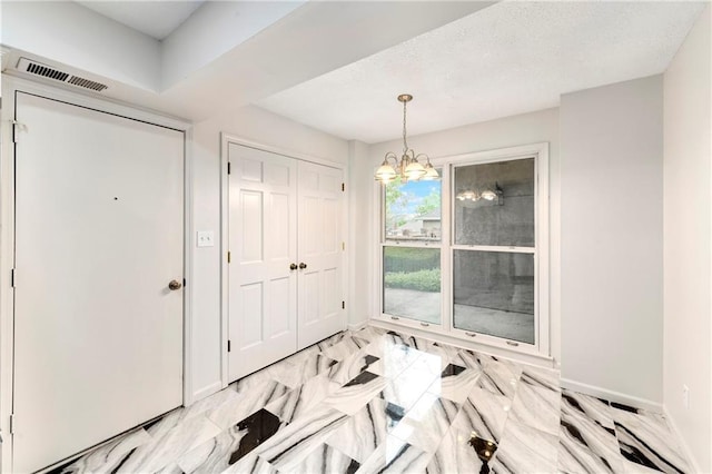 9738 Nieman Pl, Overland Park, KS 66214 - unfurnished dining area with marble finish floor, baseboards, a chandelier, and visible vents