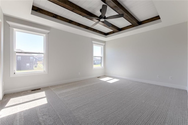 1308 N Holland Dr, Independence, MO 64056 - carpeted spare room with ceiling fan, baseboards, beamed ceiling, and wooden ceiling