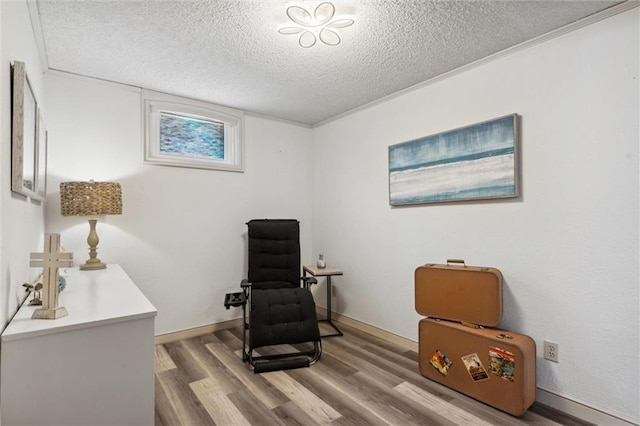 5101 NW Downing St, Blue Springs, MO 64015 - living area featuring a textured ceiling, wood finished floors, and baseboards