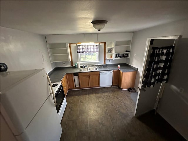 kitchen with white appliances, dark wood-type flooring, open shelves, a sink, and brown cabinets