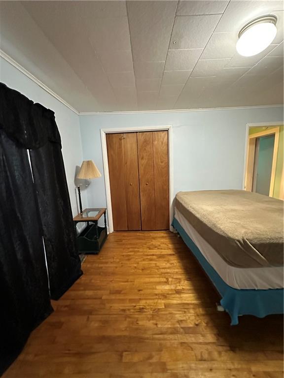 bedroom featuring wood finished floors and a closet