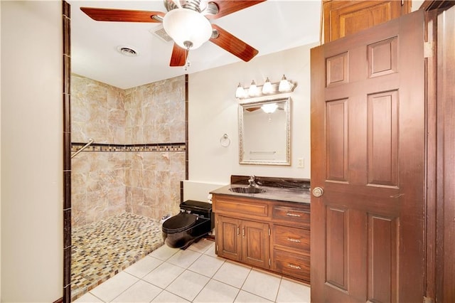 1707 NW Ashton Dr, Blue Springs, MO 64015 - full bath with vanity, a ceiling fan, visible vents, walk in shower, and tile patterned floors