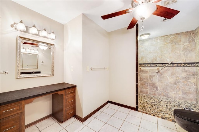 1707 NW Ashton Dr, Blue Springs, MO 64015 - full bathroom with a walk in shower, vanity, a ceiling fan, tile patterned floors, and baseboards