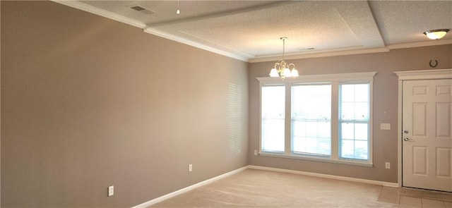 1219 S 3rd St, Louisburg, KS 66053 - spare room featuring a chandelier, light carpet, ornamental molding, and a textured ceiling