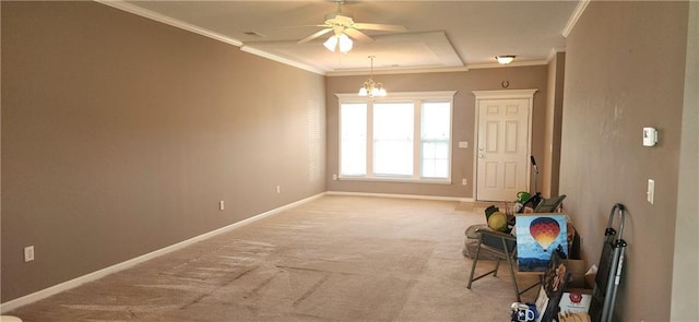 1219 S 3rd St, Louisburg, KS 66053 - unfurnished room with ornamental molding, light colored carpet, ceiling fan, and a chandelier