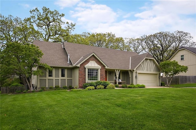 ranch-style home with a garage, a front lawn, fence, and a shingled roof