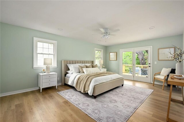 bedroom featuring a ceiling fan, baseboards, access to outside, recessed lighting, and light wood-style flooring