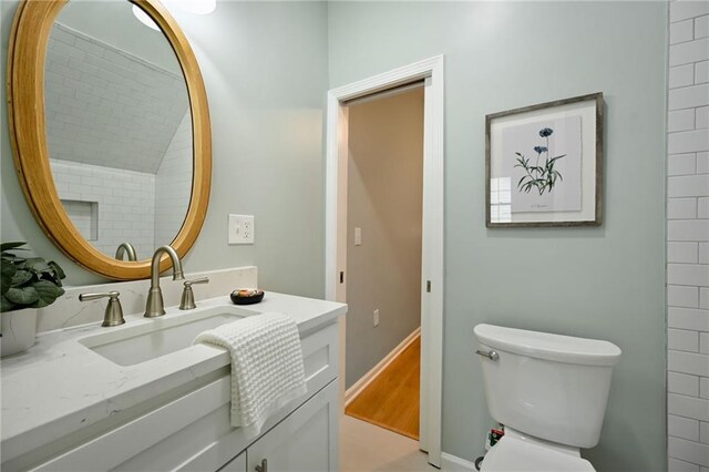 bathroom featuring vanity, toilet, and wood finished floors