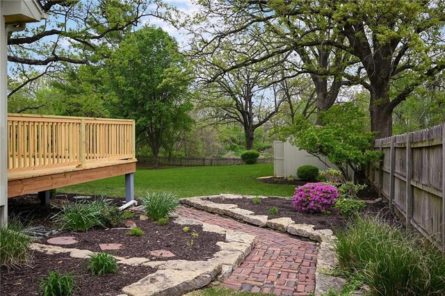 view of yard with a fenced backyard and a wooden deck