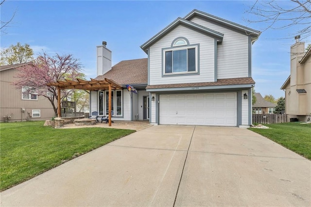 16754 W 156th Ter, Olathe, KS 66062 - traditional-style house featuring a garage, a pergola, concrete driveway, a chimney, and a shingled roof