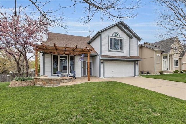 16754 W 156th Ter, Olathe, KS 66062 - view of front facade featuring an attached garage, concrete driveway, roof with shingles, and a pergola