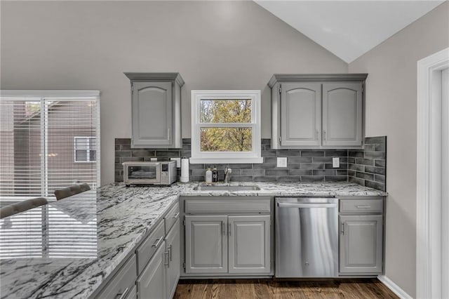 16754 W 156th Ter, Olathe, KS 66062 - kitchen featuring stainless steel dishwasher, a sink, gray cabinetry, vaulted ceiling, and backsplash