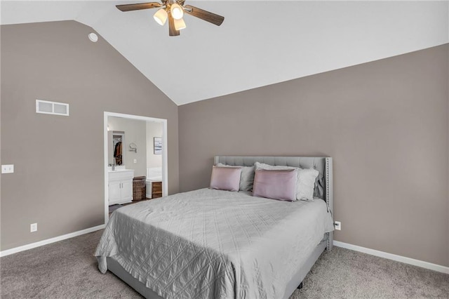 16754 W 156th Ter, Olathe, KS 66062 - bedroom with carpet flooring, baseboards, ensuite bathroom, ceiling fan, and high vaulted ceiling