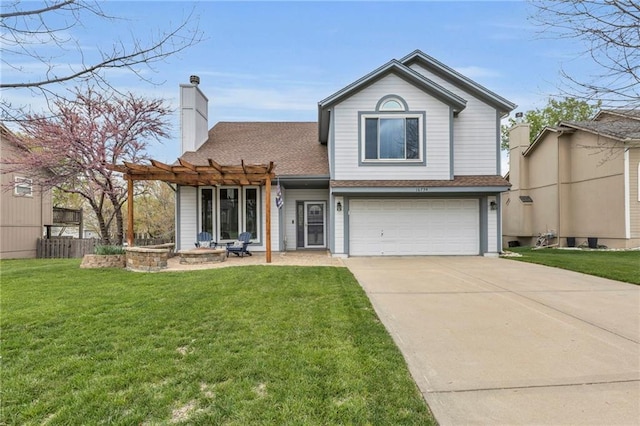 16754 W 156th Ter, Olathe, KS 66062 - traditional-style home with a garage, a front lawn, driveway, and a pergola