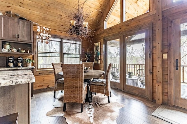 185 SW 51st Rd, Warrensburg, MO 64093 - dining area with wooden ceiling, a chandelier, healthy amount of natural light, light wood-type flooring, and wooden walls