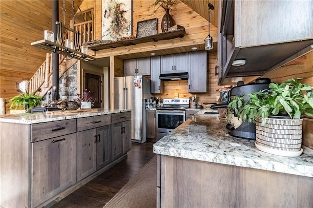 185 SW 51st Rd, Warrensburg, MO 64093 - kitchen featuring stainless steel appliances, wooden walls, a high ceiling, dark wood-type flooring, and under cabinet range hood