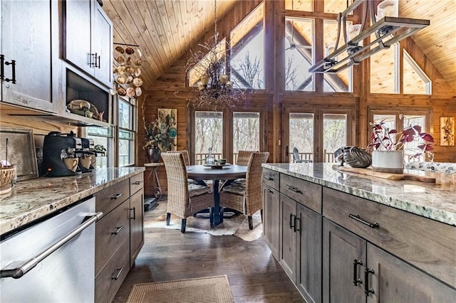 185 SW 51st Rd, Warrensburg, MO 64093 - kitchen featuring stainless steel dishwasher, wooden walls, wood ceiling, high vaulted ceiling, and dark wood-type flooring