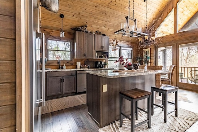 185 SW 51st Rd, Warrensburg, MO 64093 - kitchen with a sink, plenty of natural light, wooden ceiling, a chandelier, and hardwood / wood-style floors